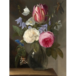 Cuadro van Thielen, Rosas y un tulipán en un jarrón de cristal