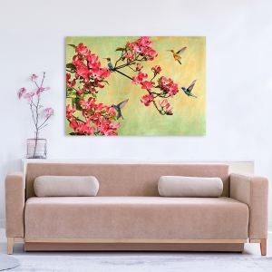 Wall art print, canvas. Kelly Parr, Hummingbirds on a flower branch