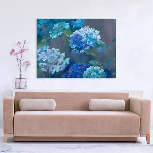 Quadro con fiori, stampa su tela. Nel Whatmore, Ortensie in blu