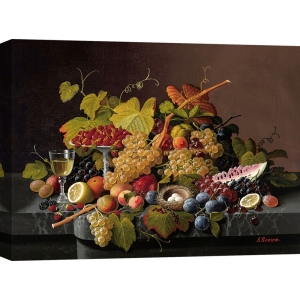 Wall art print and canvas. Severin Roesen, Still life with fruit and bird's nest