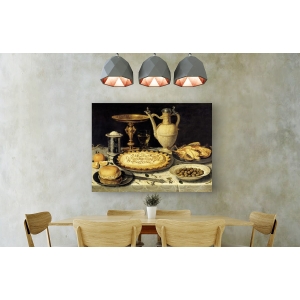 Quadro, stampa su tela. Clara Peeters, Natura morta con torta, pollo arrosto, pane, riso e olive