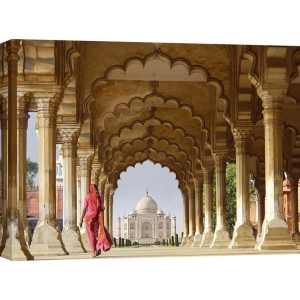 Wall art print and canvas. Pangea Images, Woman in traditional Sari walking towards Taj Mahal