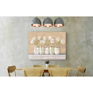 Quadro, stampa su tela. Jenny Thomlinson, Tulipani bianchi in vasi Mason Jars