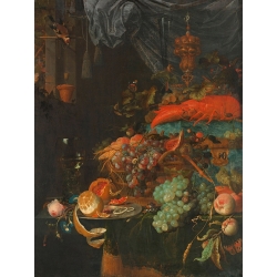 Stampa Abraham Mignon, Natura morta con frutta e un cardellino