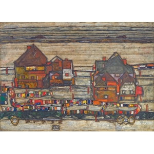 Tableau toile, affiche Schiele, Maisons avec le linge séchant