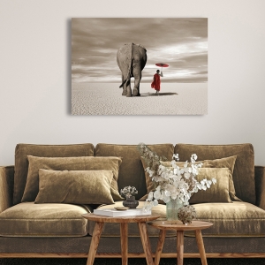 Art print with buddhist monk and elephant. Moreau, In the plains