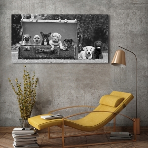 Wall art print, canvas, poster with Dog Pups in a Suitcase