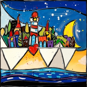 Tableau coloré sur toile, affiche, Wallas, Happy Village Boat
