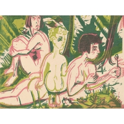Cuadro en lienzo Kirchner, Mujeres desnudas con niño en el bosque
