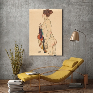 Tableau de Egon Schiele, Nu debout avec une robe colorée