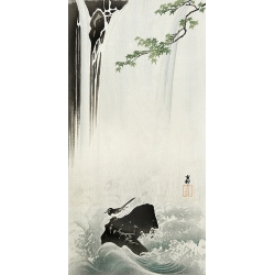 Japanese art print, Ohara Koson, Japanese wagtail at waterfall 