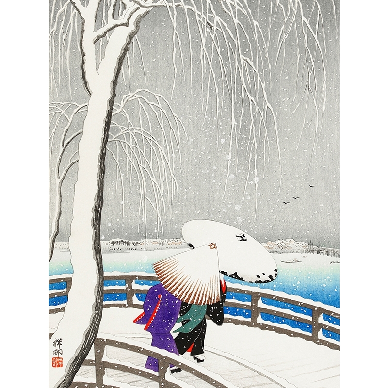Japanese art Ohara Koson, Two women in the snow, Yanagi Bridge