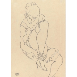 Tableau dessin Schiele, Femme boutonnant ses chaussures, 1915