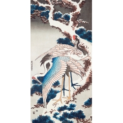 Japanese print and canvas, Cranes on a Snowy Tree by Hokusai