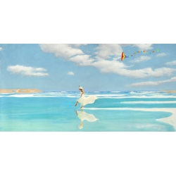Leinwandbild Frau am Strand, Fliegen auf dem Wasser (Detail)