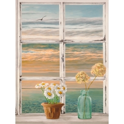 Kunstdruck, Fenster am Meer, Sonnenuntergang II von Remy Dellal